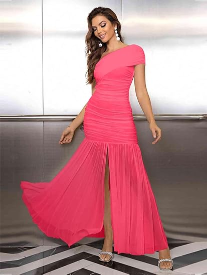 Women's Elegant Formal Long Dress One Shoulder Sleeveless Ruched Bodycon Evening Dress